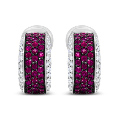 18K White Gold and Black Rhodium Plated 3/4 Cttw Round Diamonds and 1mm Round Red Ruby Huggie Hoop Earrings (F-G Color, VS1-VS2 Clarity) Bids.com