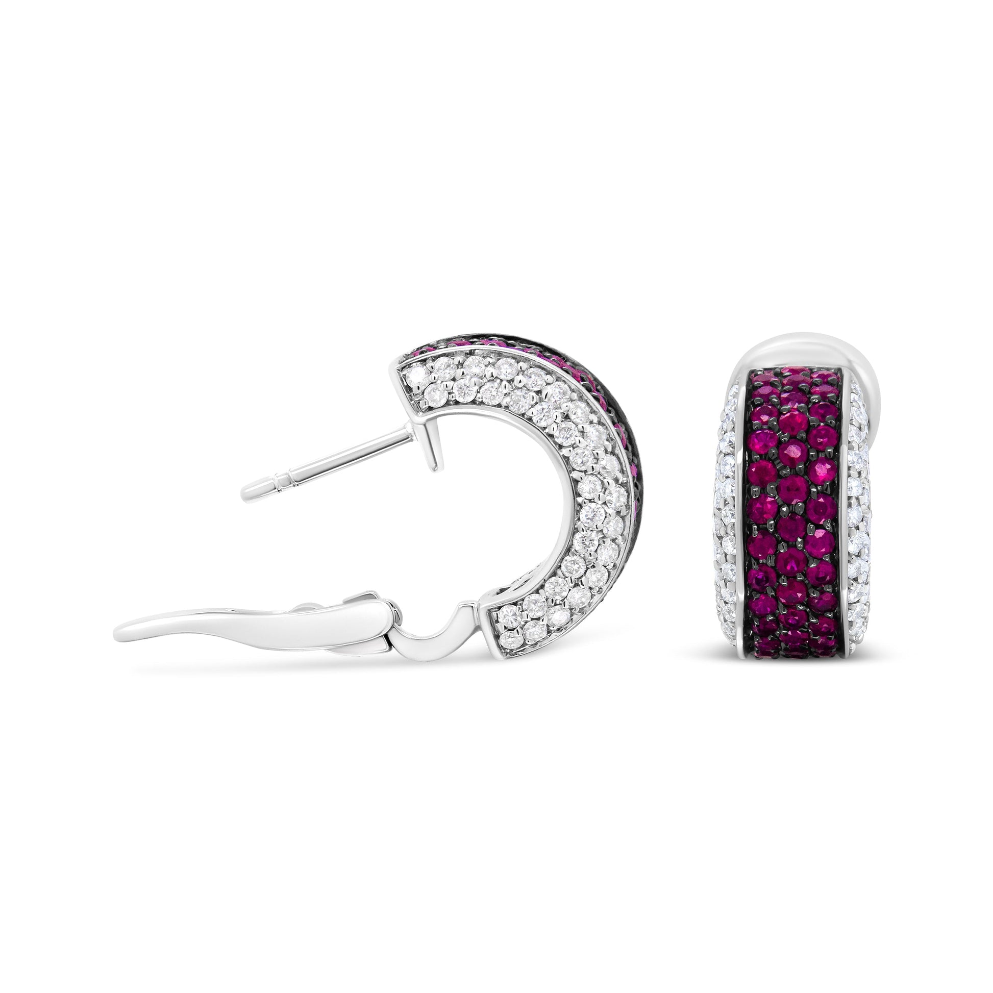 18K White Gold and Black Rhodium Plated 3/4 Cttw Round Diamonds and 1mm Round Red Ruby Huggie Hoop Earrings (F-G Color, VS1-VS2 Clarity) Bids.com