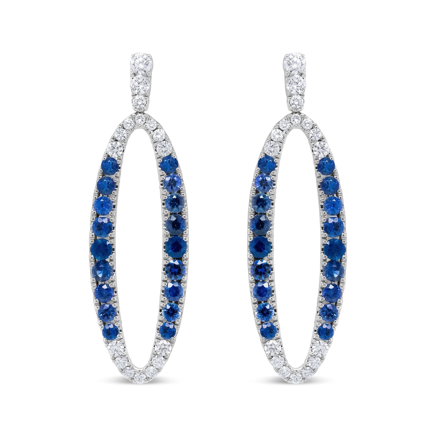 18K White Gold 1.11 Cttw Blue Round Diamond and Blue Sapphire Openwork Oval Shaped Dangle Earrings (F-G Color, VS1-VS2 Clarity) Bids.com