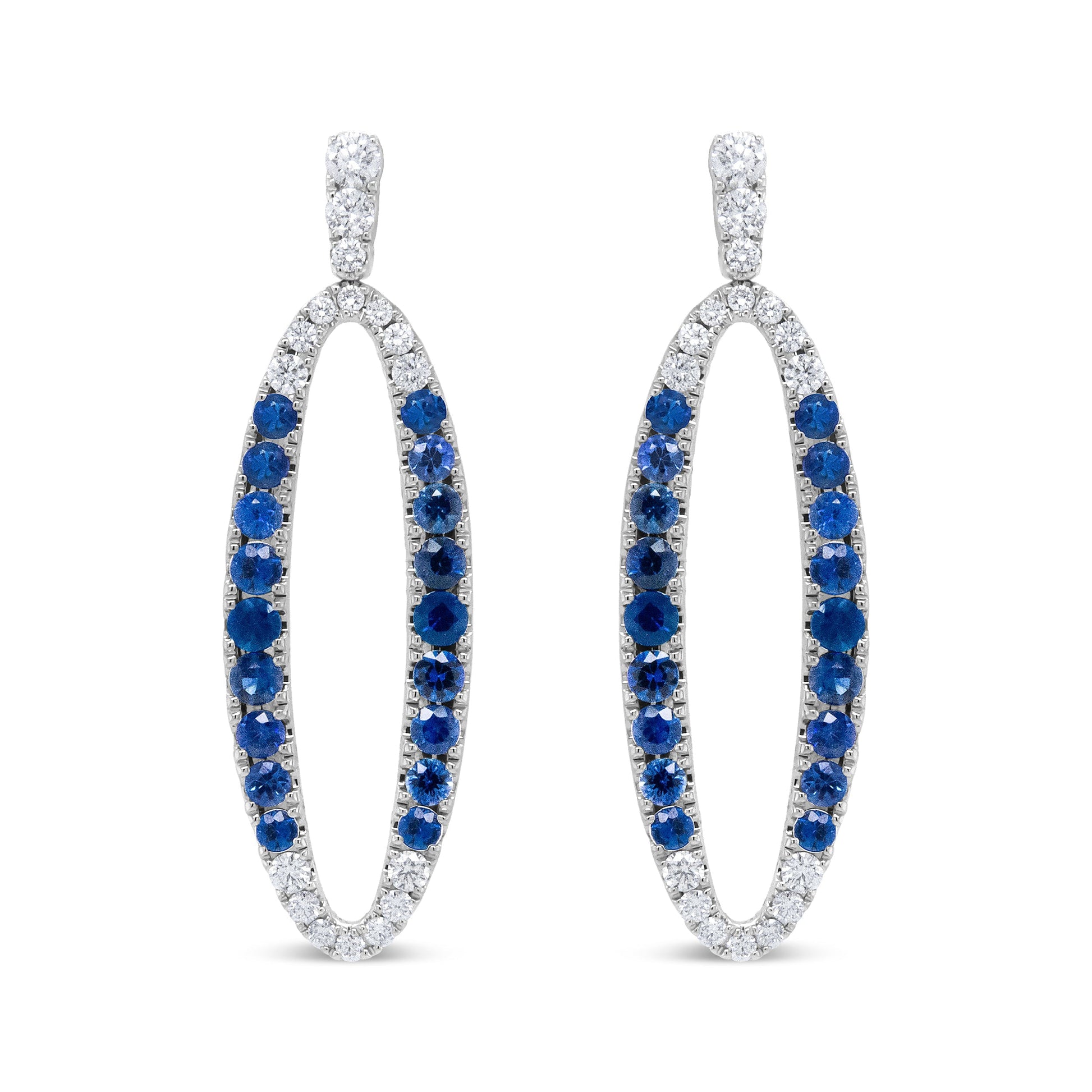 18K White Gold 1.11 Cttw Blue Round Diamond and Blue Sapphire Openwork Oval Shaped Dangle Earrings (F-G Color, VS1-VS2 Clarity) Bids.com
