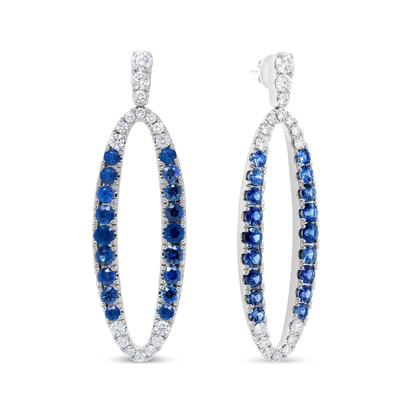 18K White Gold 1.11 Cttw Blue Round Diamond and Blue Sapphire Openwork Oval Shaped Dangle Earrings (F-G Color, VS1-VS2 Clarity) Bids.com