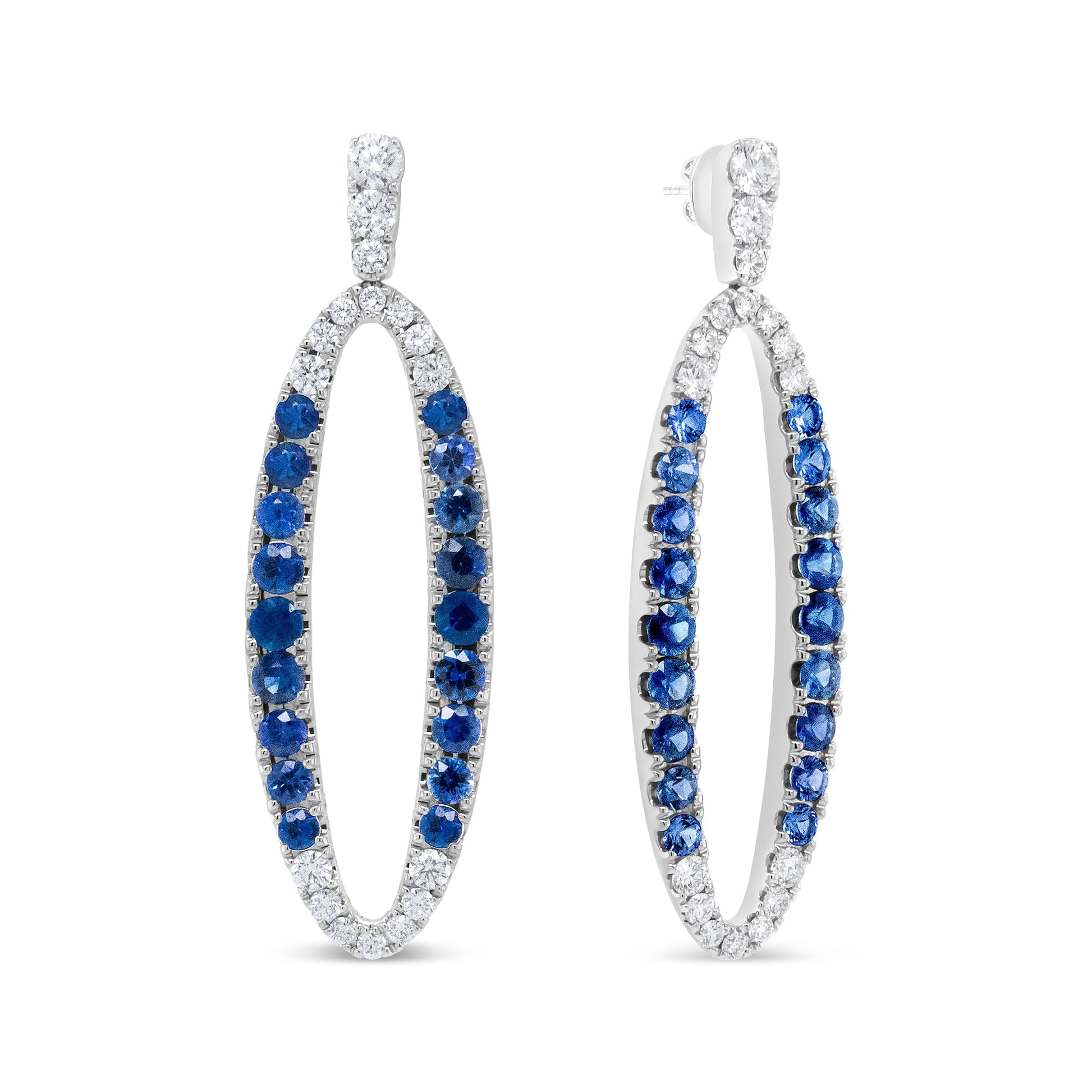 18K White Gold 1.11 Cttw Blue Round Diamond and Blue Sapphire Openwork Oval Shaped Dangle Earrings (F-G Color, VS1-VS2 Clarity) Bids.com
