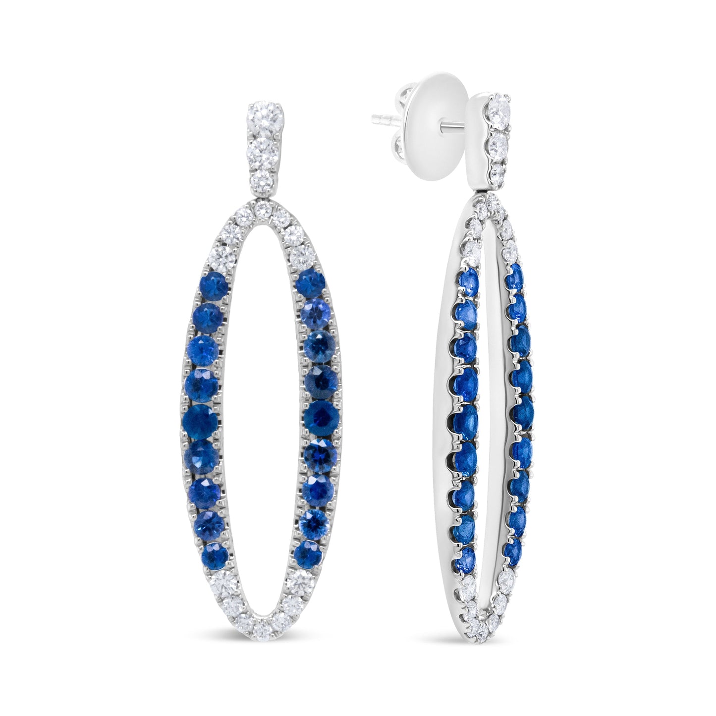 18K White Gold 1.11 Cttw Blue Round Diamond and Blue Sapphire Openwork Oval Shaped Dangle Earrings (F-G Color, VS1-VS2 Clarity) Bids.com