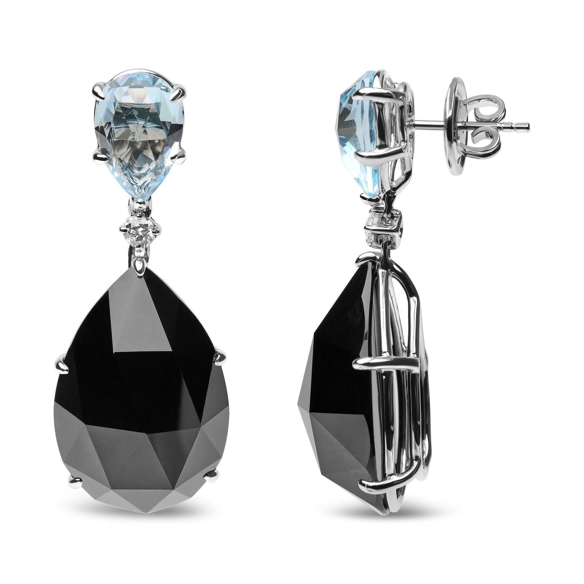 18K White Gold 1/5 Cttw Diamond with Pear Cut Sky Blue Topaz and Pear-Cut Black Onyx Gemstone Dangle Earring (G-H Color, SI1-SI2 Clarity) Bids.com