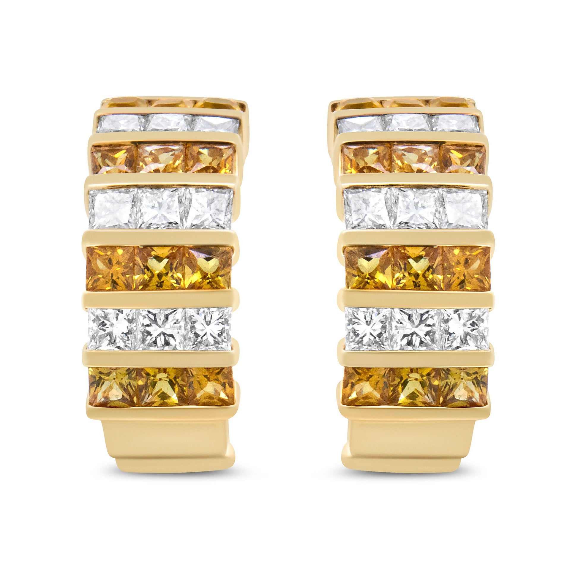 18K Yellow Gold 1 3/4 Cttw Invisible Set Princess Cut Diamond and 2.5mm Yellow Sapphire Huggie Hoop Earrings (F-G Color, VS1-VS2 Clarity) Bids.com