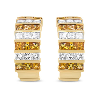 18K Yellow Gold 1 3/4 Cttw Invisible Set Princess Cut Diamond and 2.5mm Yellow Sapphire Huggie Hoop Earrings (F-G Color, VS1-VS2 Clarity) Bids.com