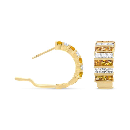 18K Yellow Gold 1 3/4 Cttw Invisible Set Princess Cut Diamond and 2.5mm Yellow Sapphire Huggie Hoop Earrings (F-G Color, VS1-VS2 Clarity) Bids.com