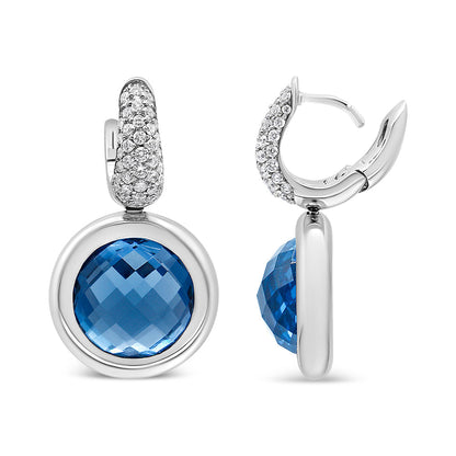 18K White Gold Bezel Set 11mm Blue Topaz and 1/2 Cttw Invisible Set Diamond Bale Dangle Earrings (F-G Color, VS1-VS2 Clarity) Bids.com