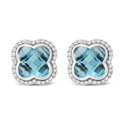 18K White Gold 3/8 Cttw Diamond and 11x11mm Clover-Cut London Blue Topaz Gemstone Halo Clover Stud Earrings (G-H Color, SI1-SI2 Clarity) Bids.com