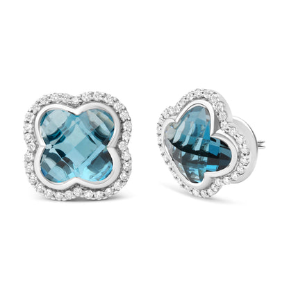 18K White Gold 3/8 Cttw Diamond and 11x11mm Clover-Cut London Blue Topaz Gemstone Halo Clover Stud Earrings (G-H Color, SI1-SI2 Clarity) Bids.com