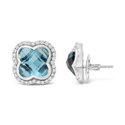 18K White Gold 3/8 Cttw Diamond and 11x11mm Clover-Cut London Blue Topaz Gemstone Halo Clover Stud Earrings (G-H Color, SI1-SI2 Clarity) Bids.com