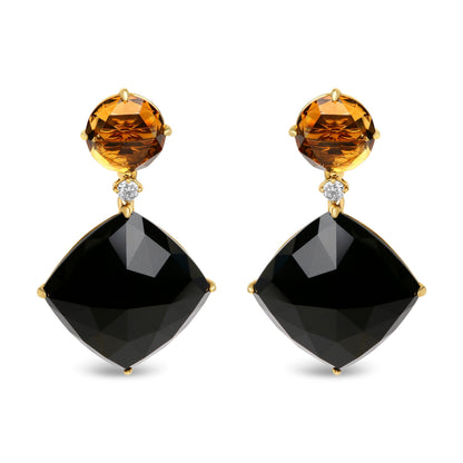 18K Yellow Gold 1/5 Cttw Diamond with Round Yellow Citrine and Cushion Cut Black Onyx Gemstone Dangle Earring (G-H Color, SI1-SI2 Clarity) Bids.com