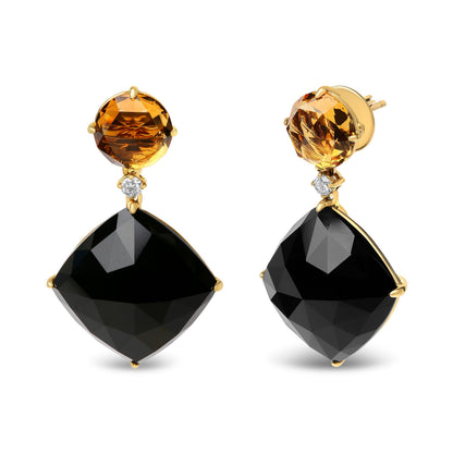 18K Yellow Gold 1/5 Cttw Diamond with Round Yellow Citrine and Cushion Cut Black Onyx Gemstone Dangle Earring (G-H Color, SI1-SI2 Clarity) Bids.com