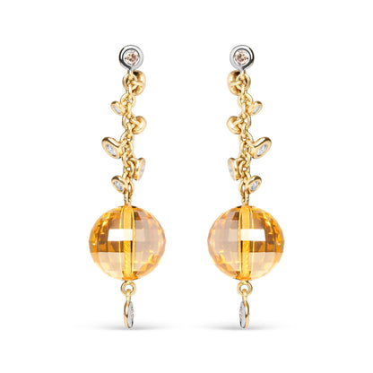 18K Yellow Gold 2/3 Cttw Round Bezel Diamond and 25mm Ball Shaped Yellow Citrine Gemstone Dangle Stud Earring (Brown and G-H Color, SI1-SI2 Clarity) Bids.com