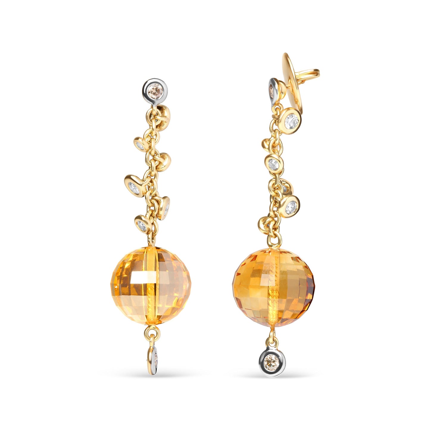 18K Yellow Gold 2/3 Cttw Round Bezel Diamond and 25mm Ball Shaped Yellow Citrine Gemstone Dangle Stud Earring (Brown and G-H Color, SI1-SI2 Clarity) Bids.com