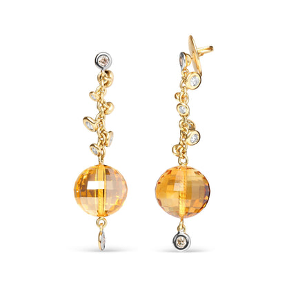 18K Yellow Gold 2/3 Cttw Round Bezel Diamond and 25mm Ball Shaped Yellow Citrine Gemstone Dangle Stud Earring (Brown and G-H Color, SI1-SI2 Clarity) Bids.com