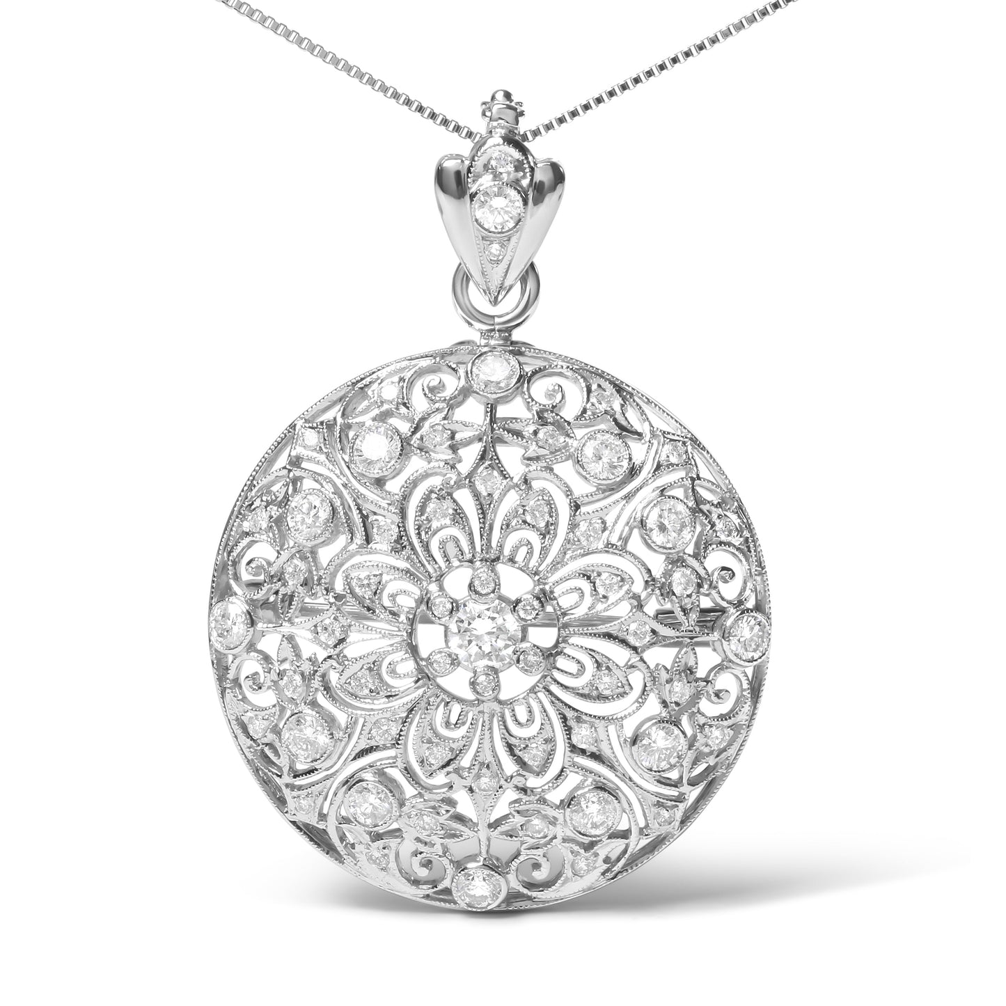 18K White Gold 1 5/6 Cttw Diamond Cluster Floral Filigree Brooch Pin and 18" Pendant Necklace (G-H Color, I1-I2 Clarity) Bids.com