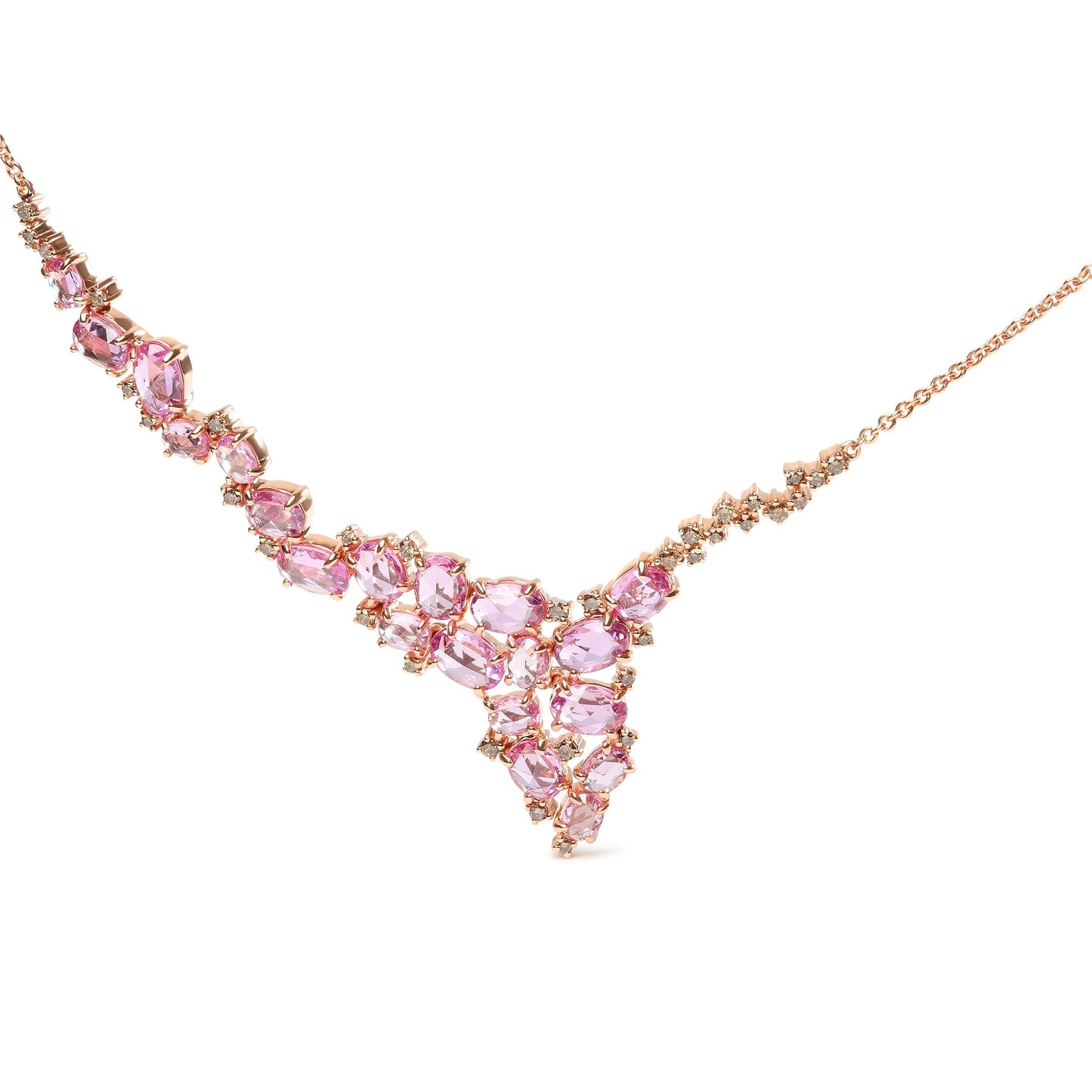 18K Rose Gold 1/2 Cttw Brown Diamond and Multi-Size Oval Pink Sapphire Cluster Cascade Statement Station Necklace (Brown Color, SI1-SI2 Clarity) - Adjustable up to 14" to 16" Bids.com