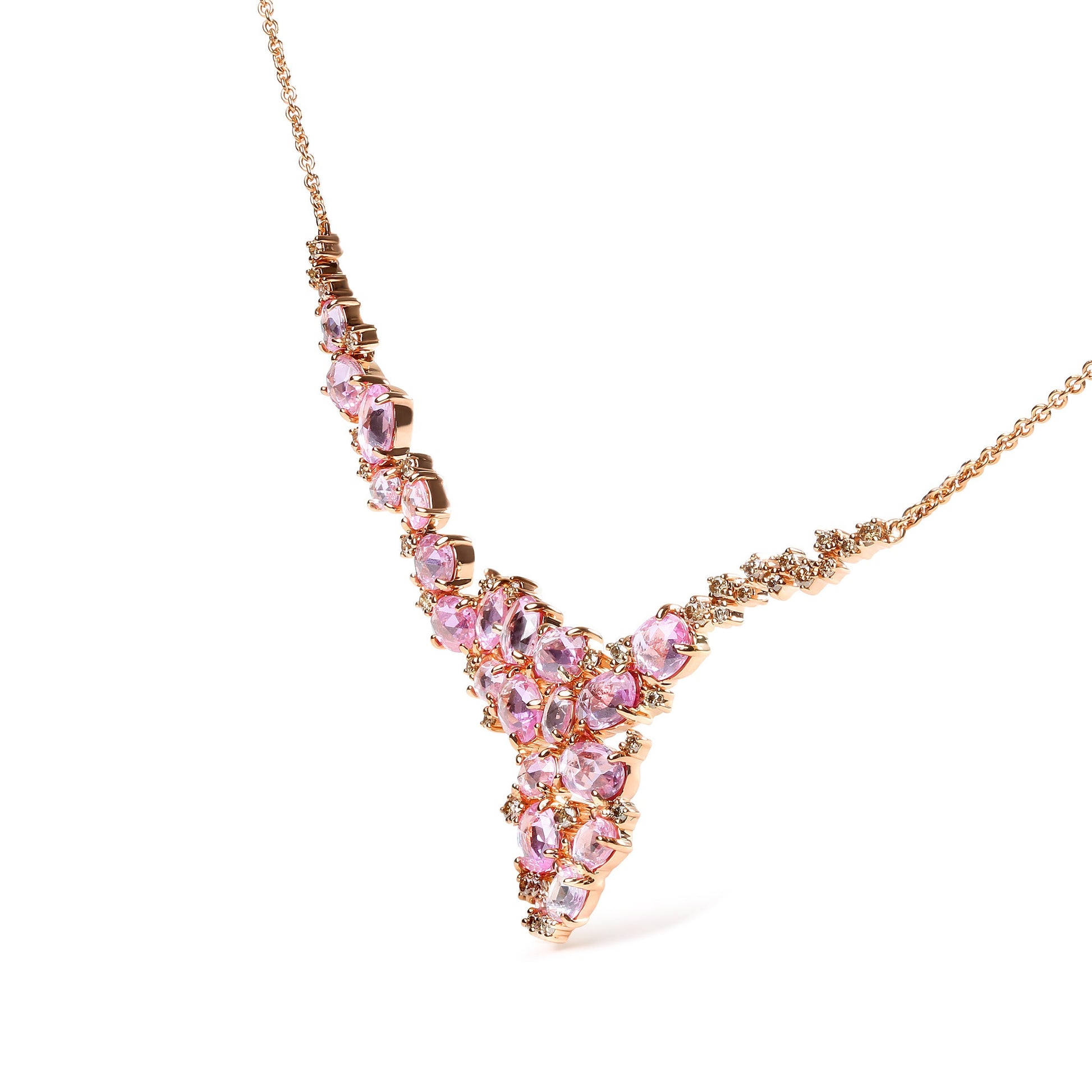 18K Rose Gold 1/2 Cttw Brown Diamond and Multi-Size Oval Pink Sapphire Cluster Cascade Statement Station Necklace (Brown Color, SI1-SI2 Clarity) - Adjustable up to 14" to 16" Bids.com