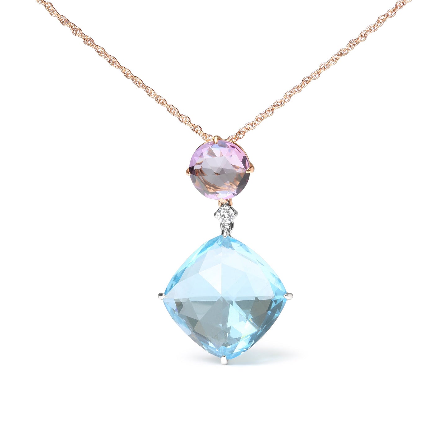 18K White and Rose Gold Round Diamond Accent and Round Rose De France Pink Amethyst and Cushion Cut Sky Blue Topaz Dangle Drop 18" Pendant Necklace (G-H Color, SI1-SI2 Clarity) Bids.com