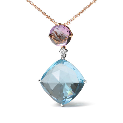 18K White and Rose Gold Round Diamond Accent and Round Rose De France Pink Amethyst and Cushion Cut Sky Blue Topaz Dangle Drop 18" Pendant Necklace (G-H Color, SI1-SI2 Clarity) Bids.com