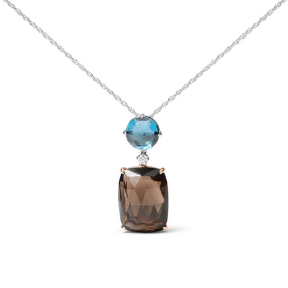 18K Rose and White Gold Diamond Accent and London Blue Topaz and Cushion Cut Smoky Quartz Gemstone Dangle Drop 18" Pendant Necklace (G-H Color, SI1-SI2 Clarity) Bids.com