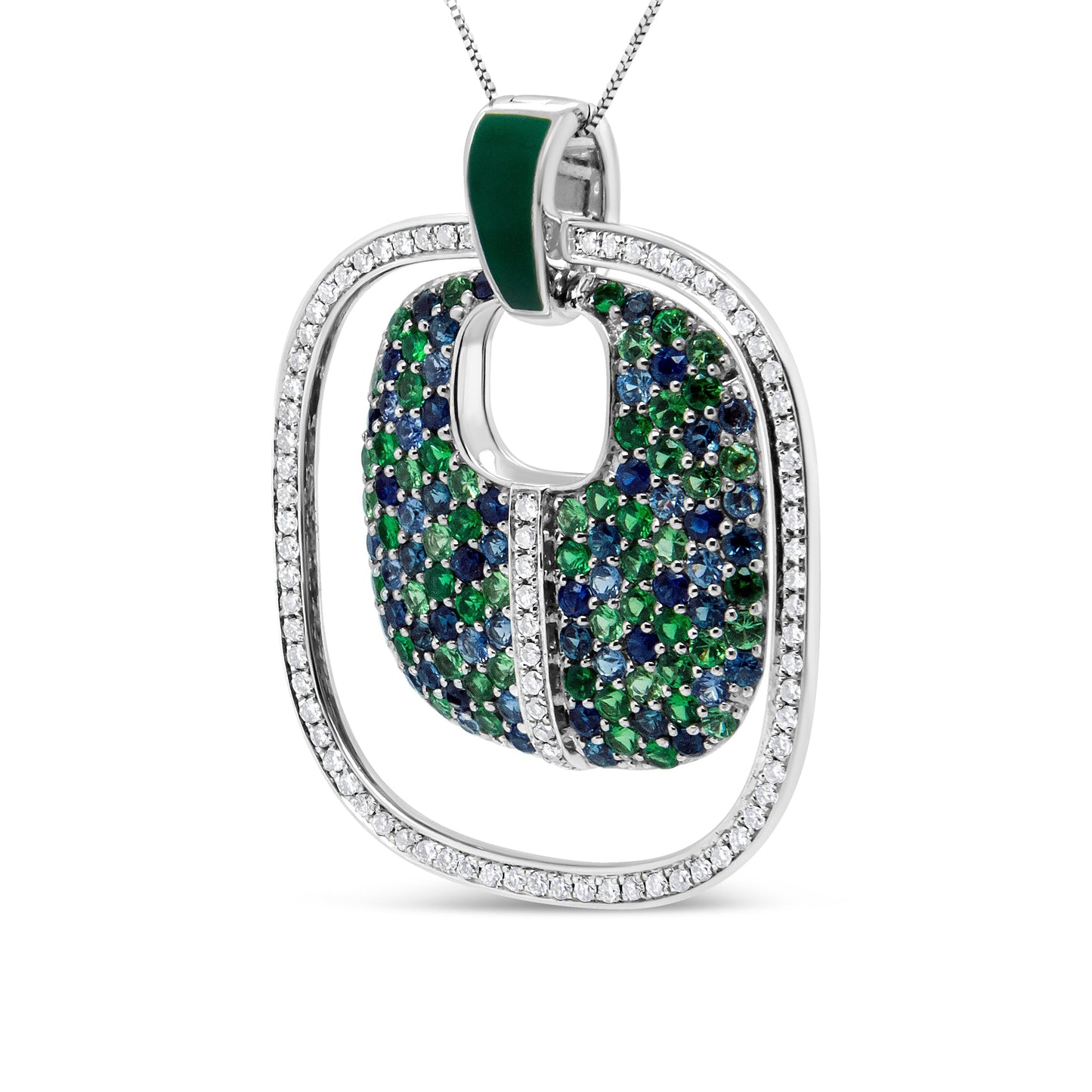 .925 Sterling Silver Green Enamel Pendant with 1/2 Cttw Diamond, Sapphire, and Tsavorite Openwork Statement 18" Pendant Necklace (F-G Color, VS1-VS2 Clarity) Bids.com