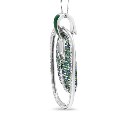 .925 Sterling Silver Green Enamel Pendant with 1/2 Cttw Diamond, Sapphire, and Tsavorite Openwork Statement 18" Pendant Necklace (F-G Color, VS1-VS2 Clarity) Bids.com