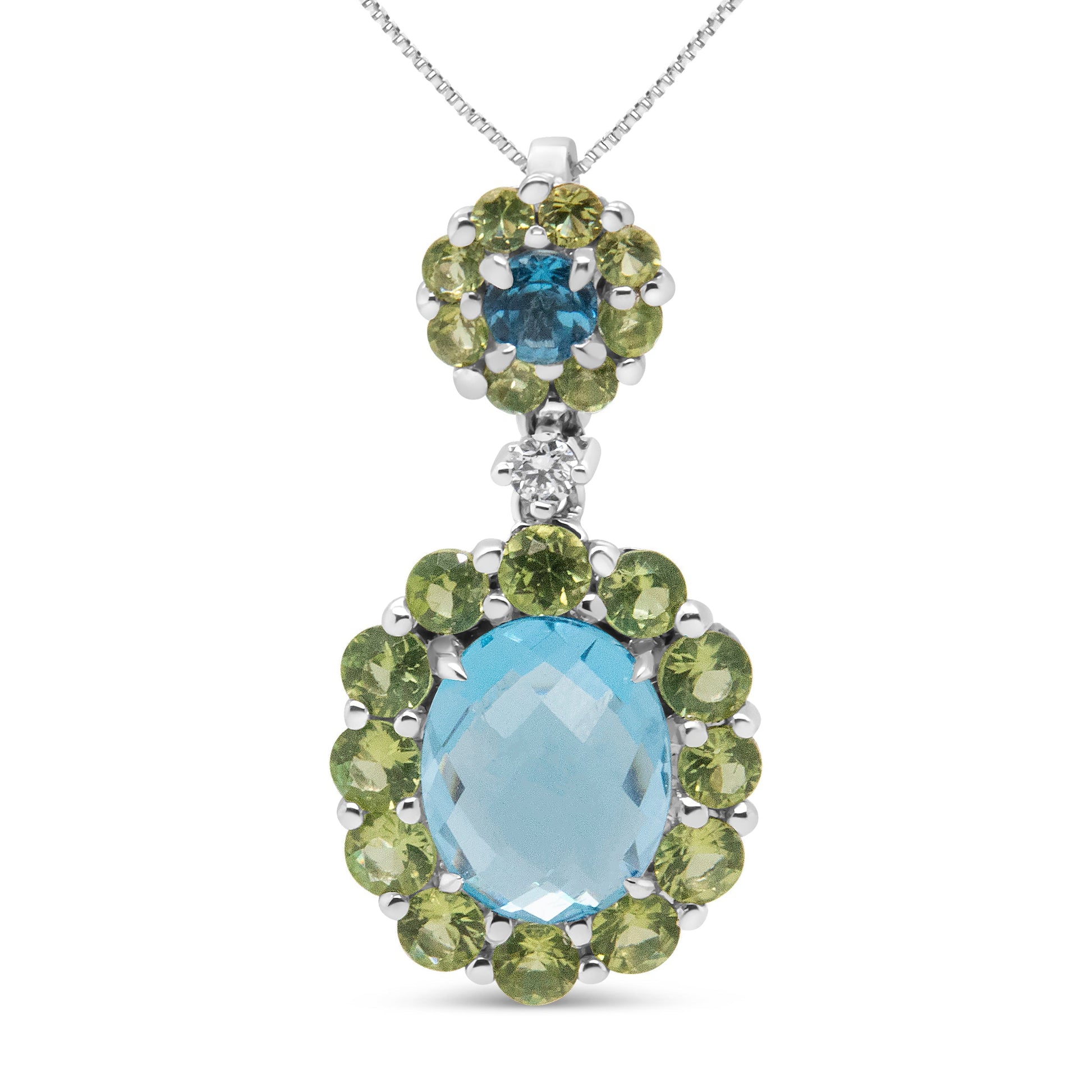 18k White Gold 0.05 Cttw Round Diamond and Blue Topaz and Green Peridot Gemstone Halo Drop 18" Pendant Necklace (F-G Color, VS1-VS2 Clarity) Bids.com