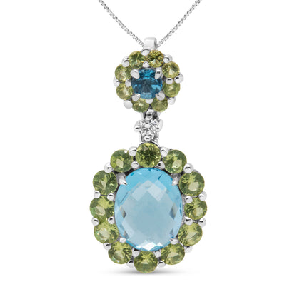 18k White Gold 0.05 Cttw Round Diamond and Blue Topaz and Green Peridot Gemstone Halo Drop 18" Pendant Necklace (F-G Color, VS1-VS2 Clarity) Bids.com