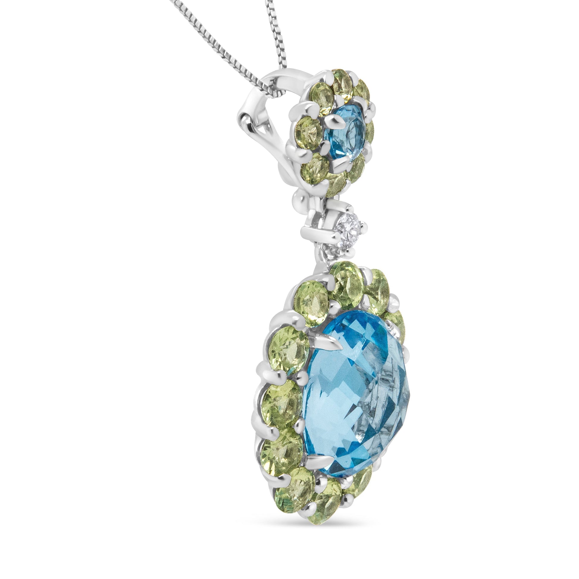 18k White Gold 0.05 Cttw Round Diamond and Blue Topaz and Green Peridot Gemstone Halo Drop 18" Pendant Necklace (F-G Color, VS1-VS2 Clarity) Bids.com