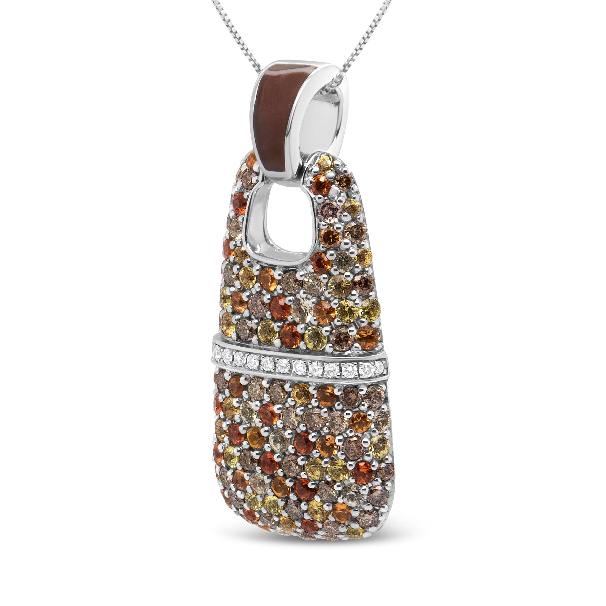 .925 Sterling Silver Brown Enamel 1 Cttw White and Brown Diamonds and  1.5mm Yellow and Orange Sapphire Gemstones Statement 18" Pendant Necklace (Brown and F-G Color, VS1-VS2 Clarity) Bids.com