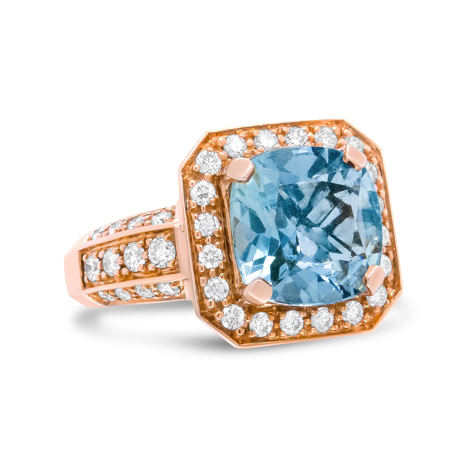 18K Rose Gold 10x10mm Cushion Shaped Aquamarine and 1 1/8 Cttw Round Diamond Halo Ring (F-G Color, VS1-VS2 Clarity) - Ring Size 6.5 Bids.com
