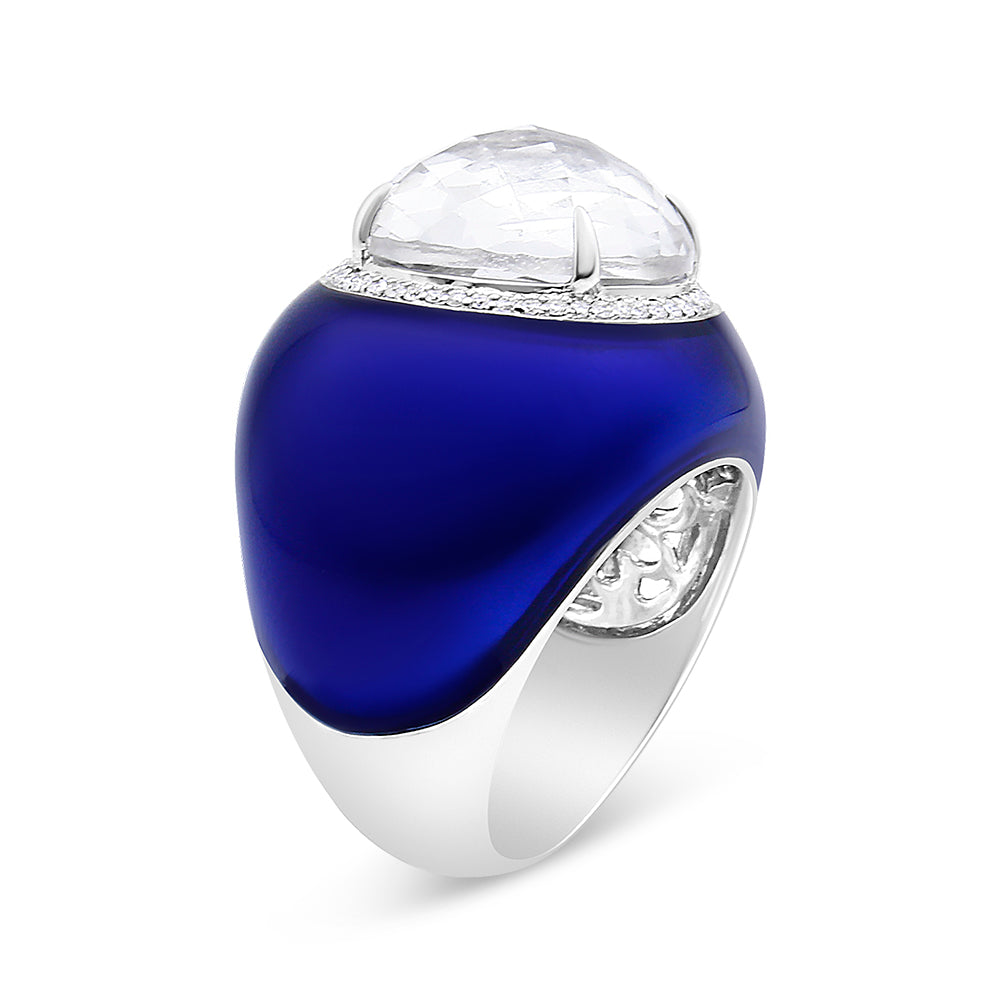 18K White Gold 14mm White Quartz and 1/5 Cttw Diamond Halo with Blue Enamel Dome Ring (F-G Color, VS1-VS2 Clarity) - Ring Size 7 Bids.com