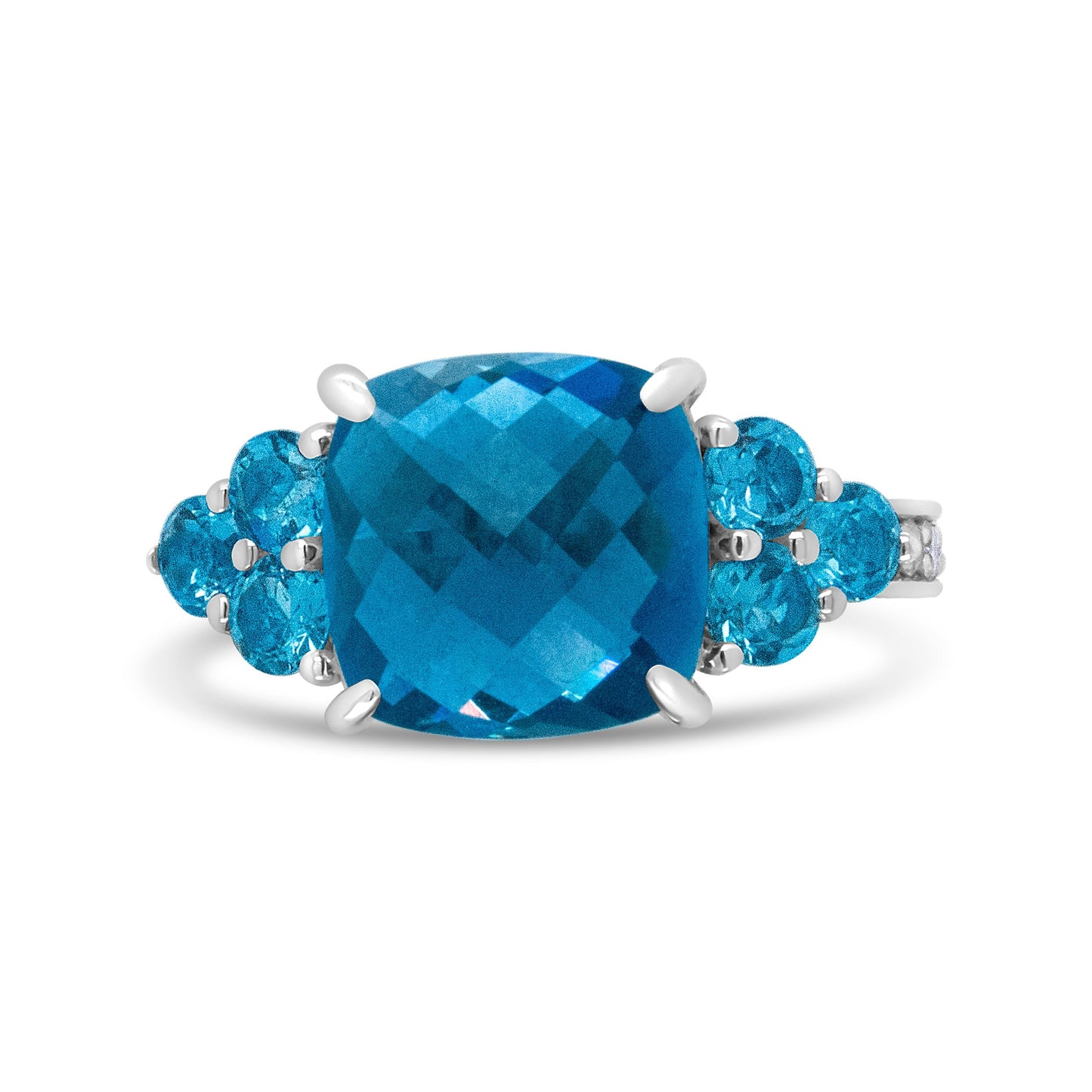 18K White Gold 10mm Cushion Shaped Blue Topaz and 1/6 Cttw Diamond 3 Stone Style Ring (F-G Color, VS1-VS2 Clarity) - Ring Size 6.5 Bids.com
