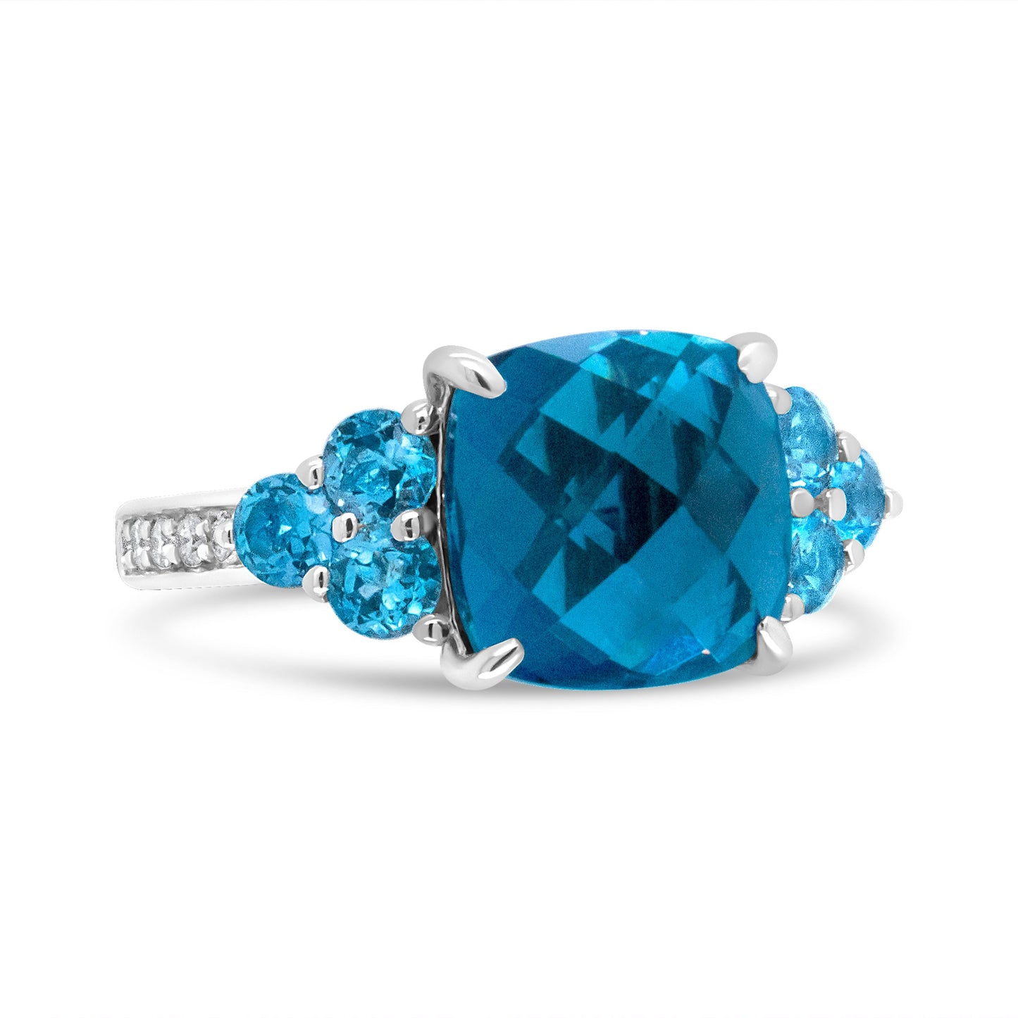 18K White Gold 10mm Cushion Shaped Blue Topaz and 1/6 Cttw Diamond 3 Stone Style Ring (F-G Color, VS1-VS2 Clarity) - Ring Size 6.5 Bids.com