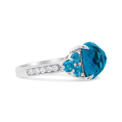 18K White Gold 10mm Cushion Shaped Blue Topaz and 1/6 Cttw Diamond 3 Stone Style Ring (F-G Color, VS1-VS2 Clarity) - Ring Size 6.5 Bids.com