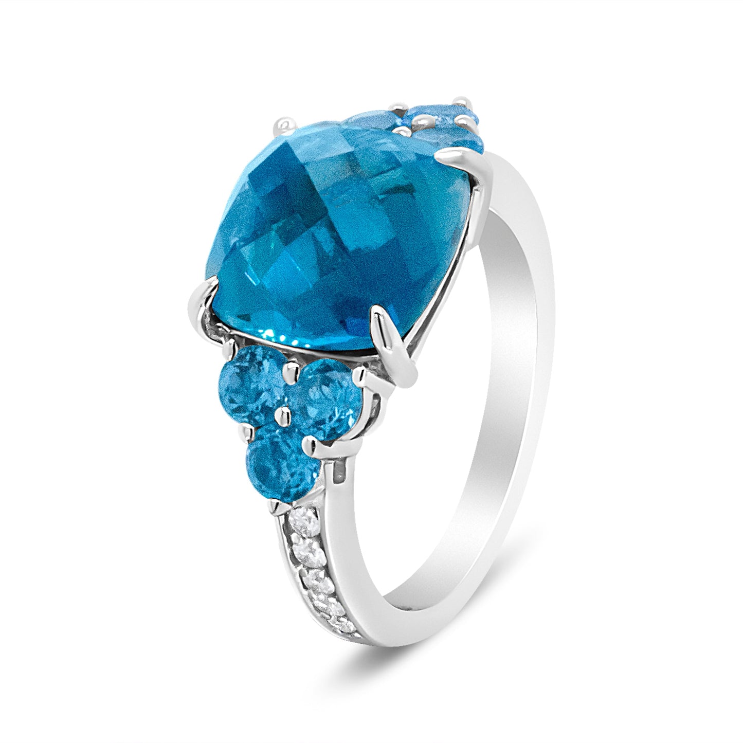 18K White Gold 10mm Cushion Shaped Blue Topaz and 1/6 Cttw Diamond 3 Stone Style Ring (F-G Color, VS1-VS2 Clarity) - Ring Size 6.5 Bids.com