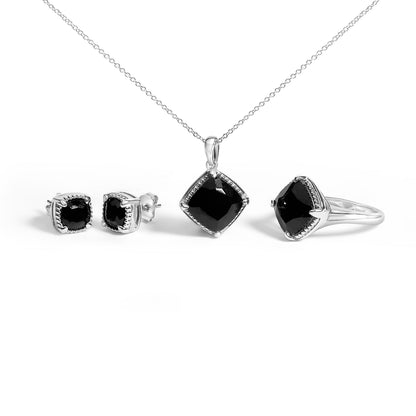 Sterling Silver Cushion Onyx 3-Piece Jewelry Set Ring Earrings Pendant 18 Inch Cable Chain Bids.com