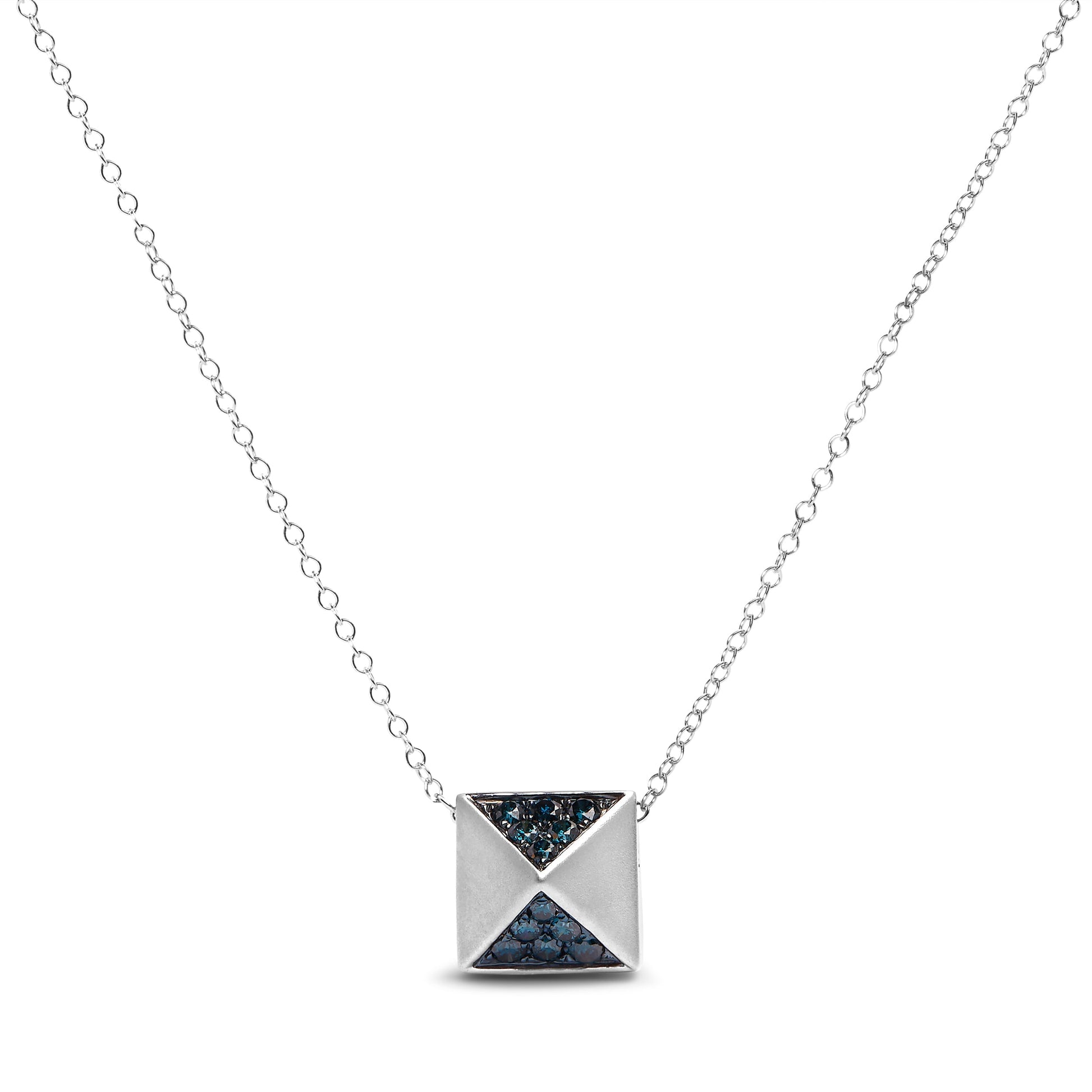 14K White Gold 1/4 Cttw Treated Blue Diamond Matte Finished Pyramid Pendant Necklace (Blue Color, SI1-SI2 Clarity) - 18" Inches Bids.com