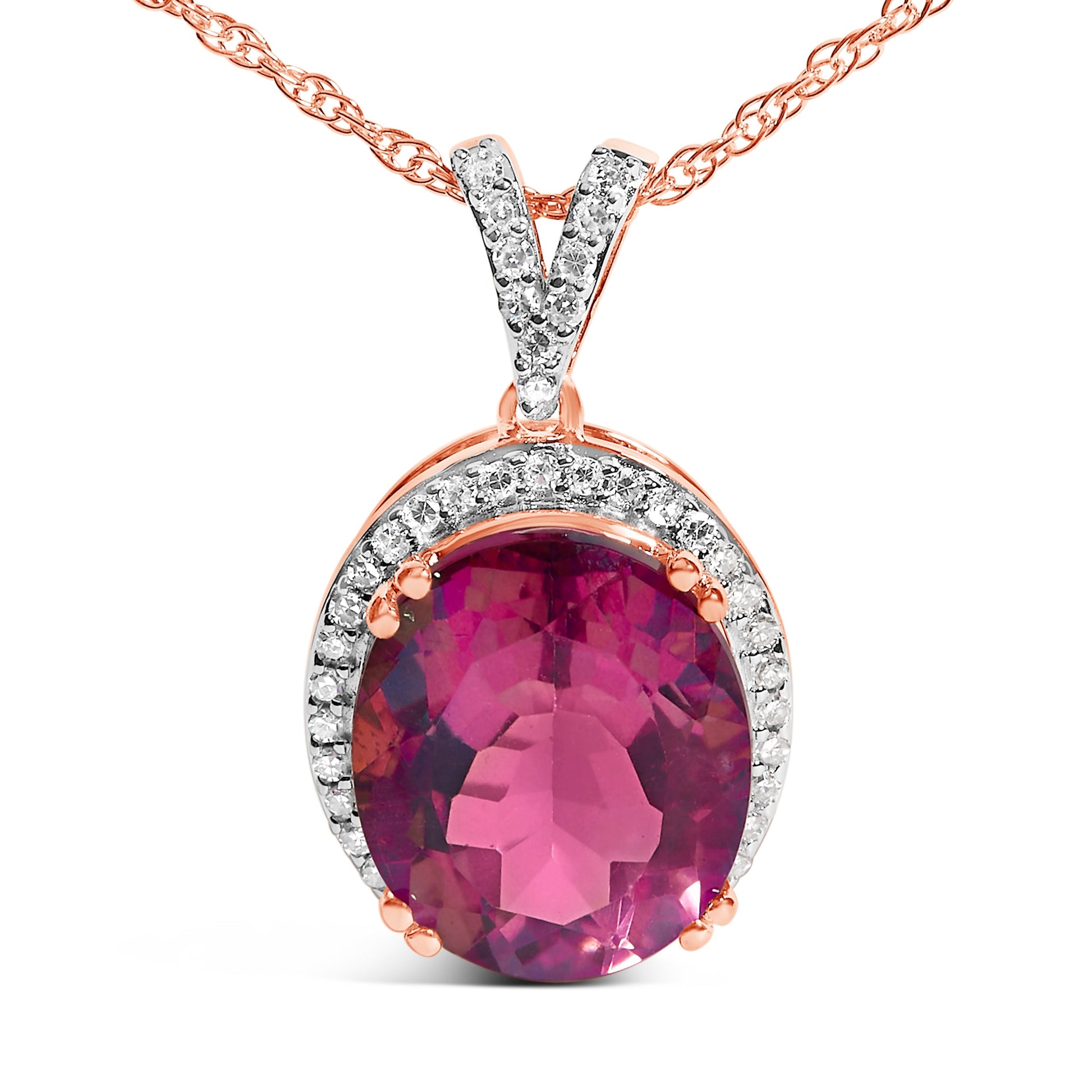 14K Rose Gold Vermeil Sterling Silver 1/5 Cttw Diamond Pink Quartz Oval Pendant Necklace Bids.com