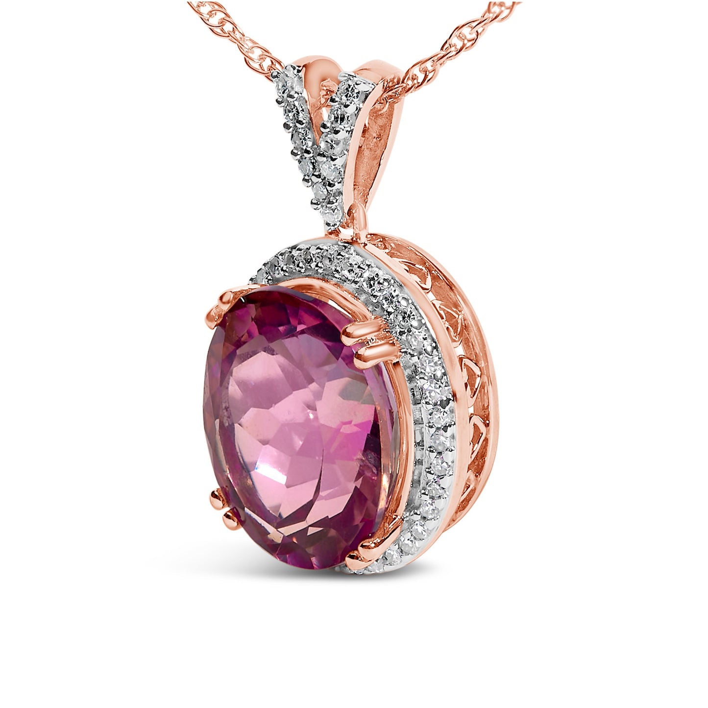 14K Rose Gold Vermeil Sterling Silver 1/5 Cttw Diamond Pink Quartz Oval Pendant Necklace Bids.com