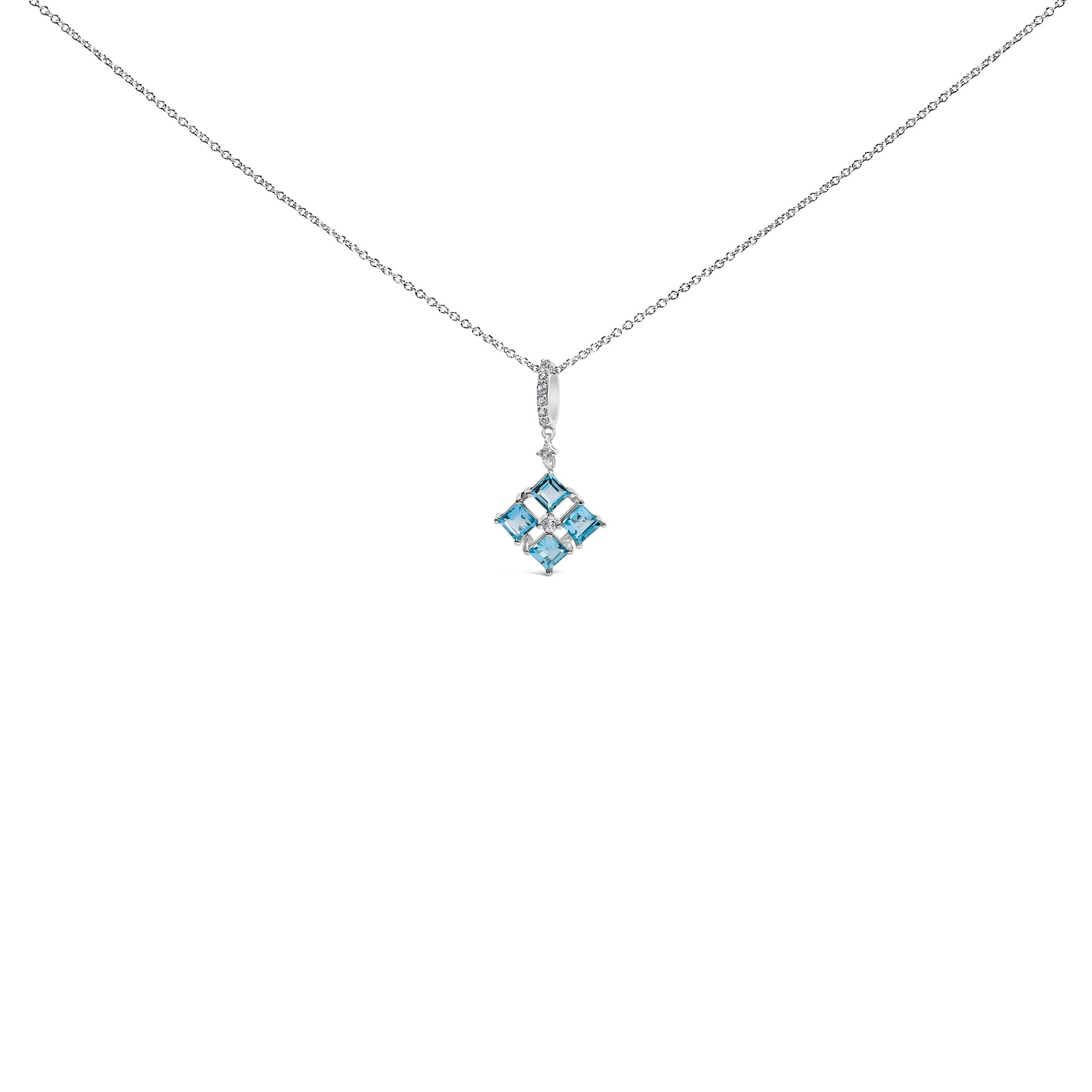 Sterling Silver Blue Topaz and White Sapphire Square Motif Pendant Necklace 18 Inch Bids.com