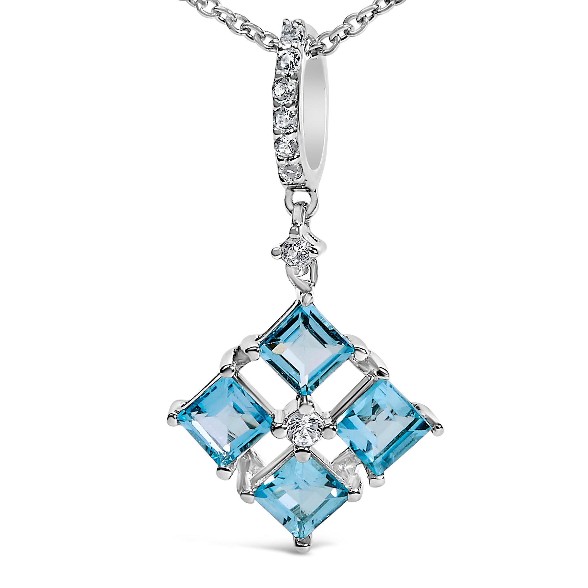 Sterling Silver Blue Topaz and White Sapphire Square Motif Pendant Necklace 18 Inch Bids.com