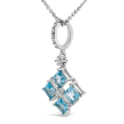 Sterling Silver Blue Topaz and White Sapphire Square Motif Pendant Necklace 18 Inch Bids.com