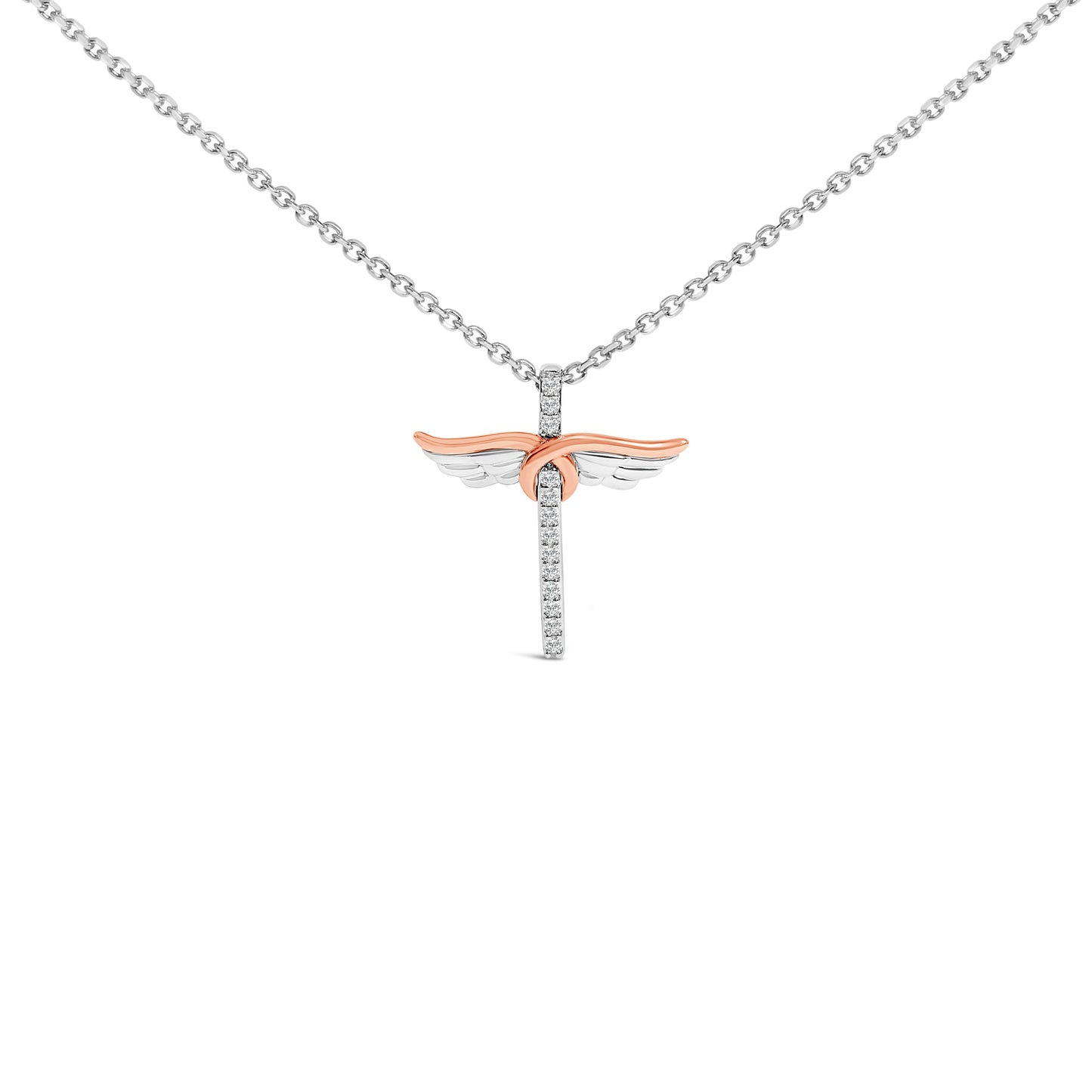 14K Rose Gold Plated Sterling Silver 1/5 Cttw Diamond Wing Cross Pendant Necklace Bids.com