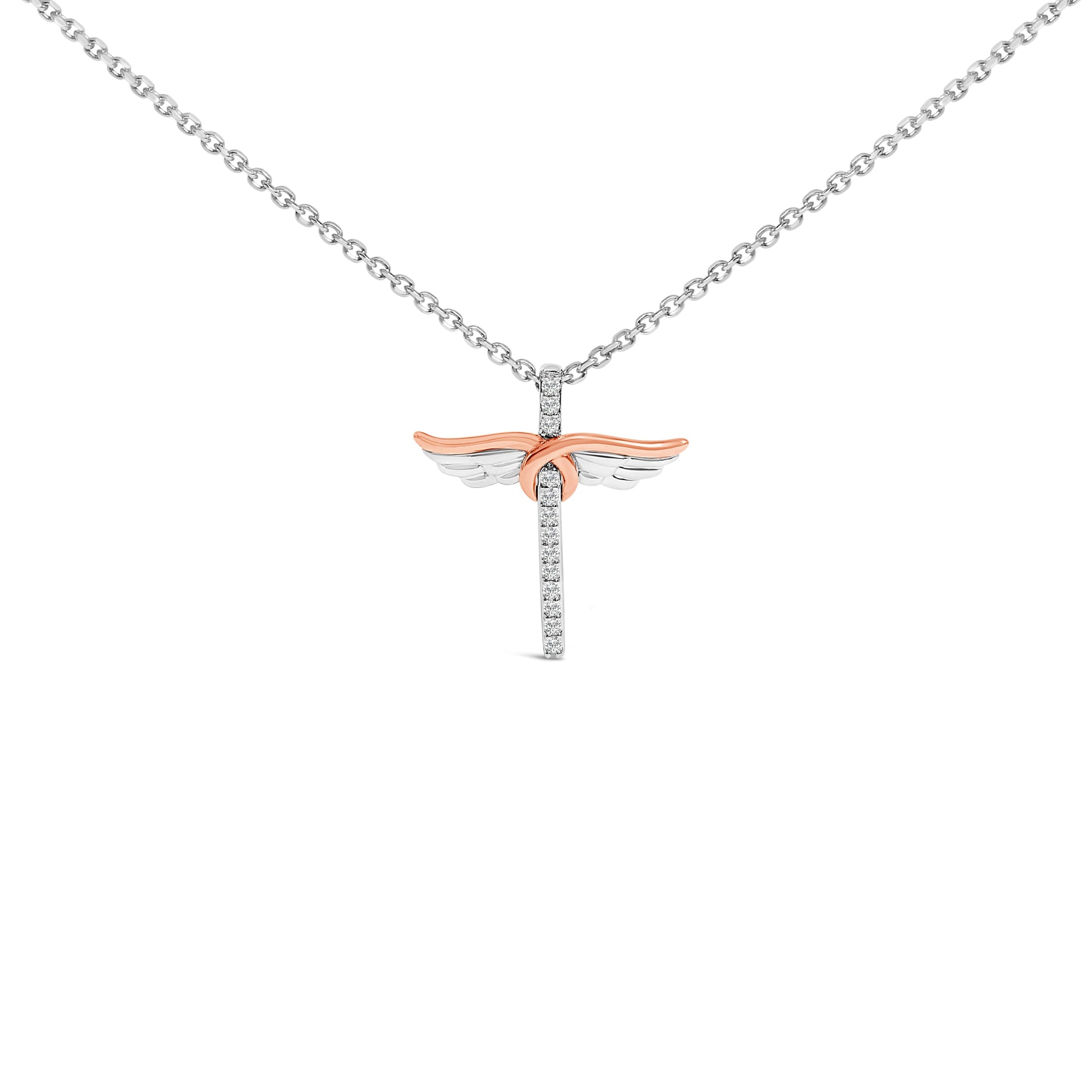 14K Rose Gold Plated Sterling Silver 1/5 Cttw Diamond Wing Cross Pendant Necklace Bids.com