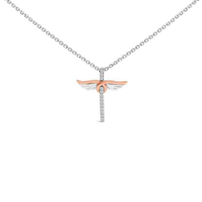 14K Rose Gold Plated Sterling Silver 1/5 Cttw Diamond Wing Cross Pendant Necklace Bids.com