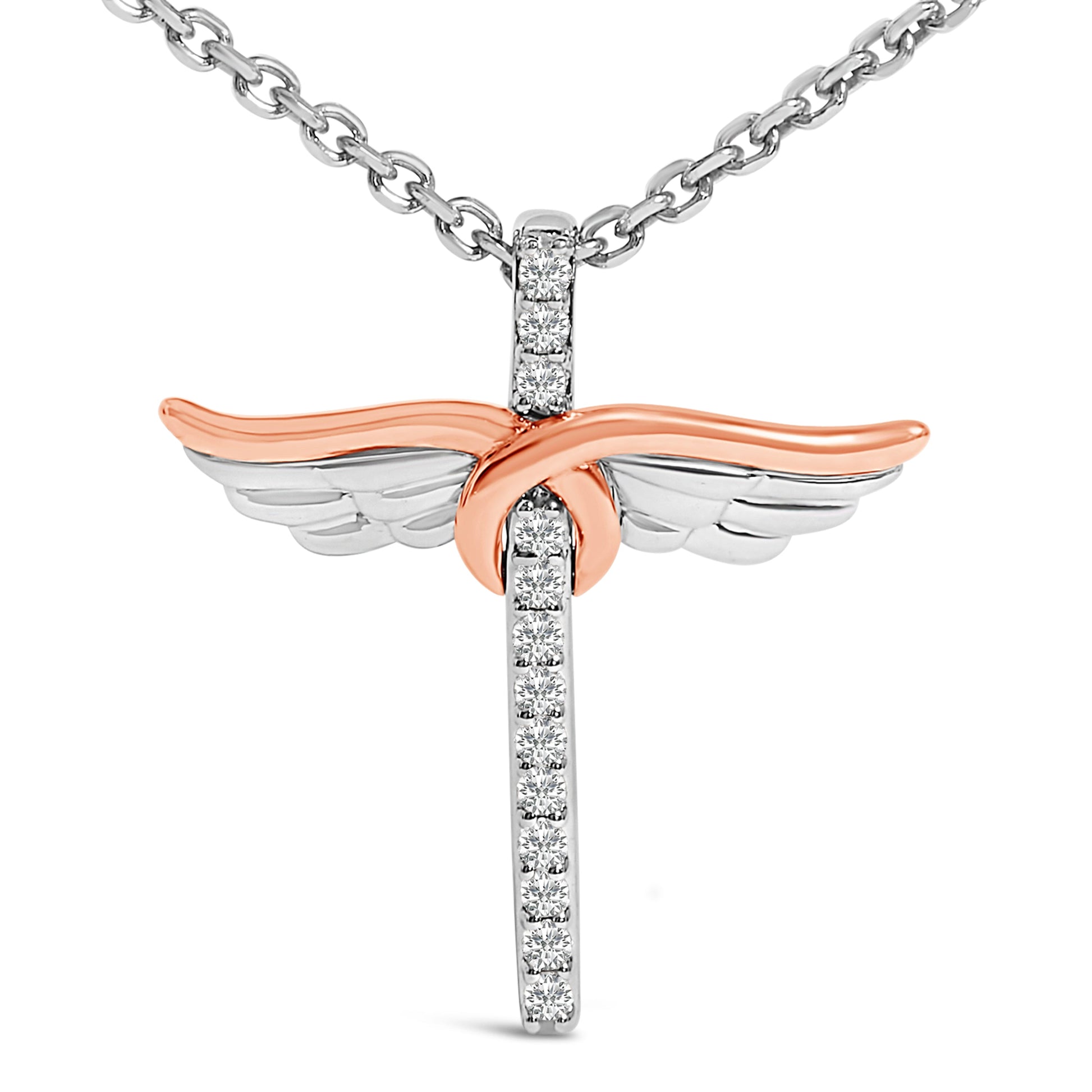 14K Rose Gold Plated Sterling Silver 1/5 Cttw Diamond Wing Cross Pendant Necklace Bids.com