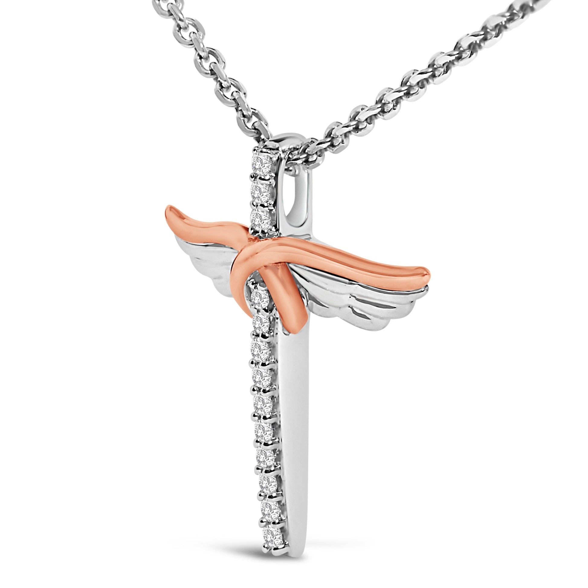 14K Rose Gold Plated Sterling Silver 1/5 Cttw Diamond Wing Cross Pendant Necklace Bids.com